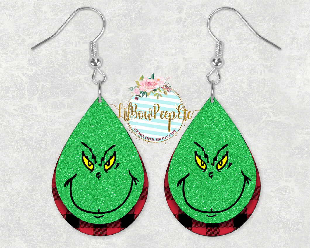 Hardboard Earrings Layered Grinch With Buffalo Plaid