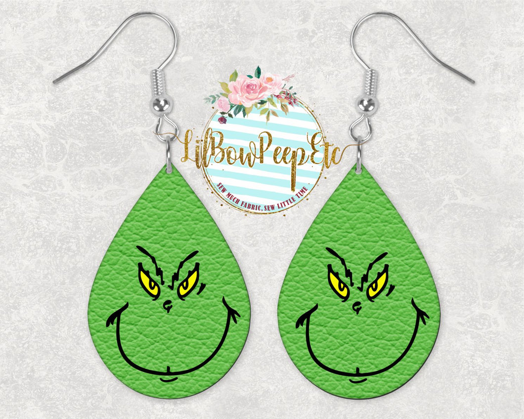 Hardboard Earrings Leather Print Grinch Face