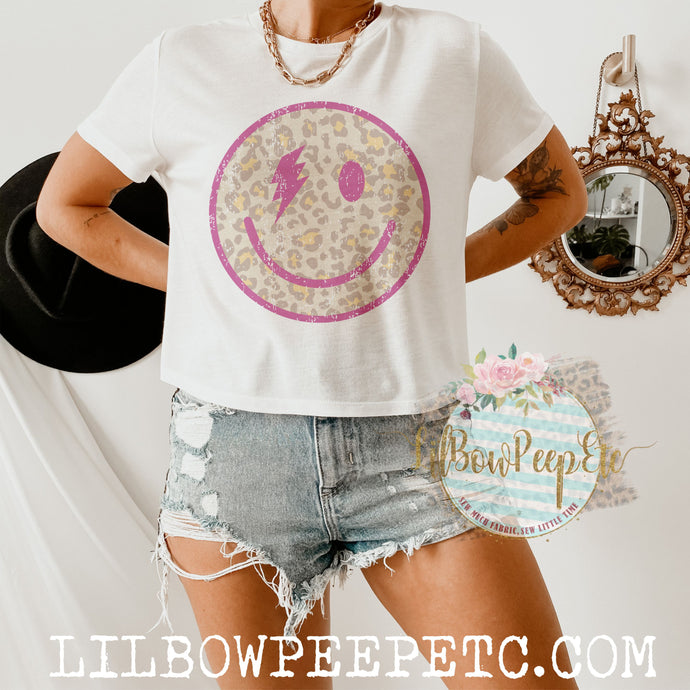 Leopard Retro Smile Adult Women's Crop Tee