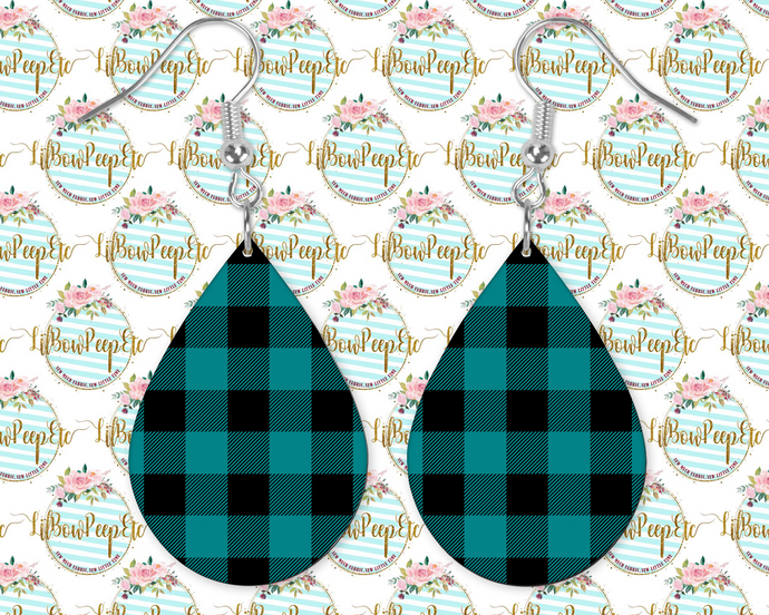 Hardboard Earrings Buffalo Plaid Aqua Black