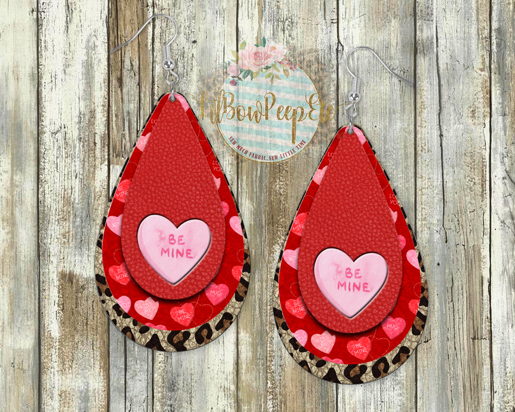 Hardboard Earrings Conversation Heart Leopard  Valentine's Day Love