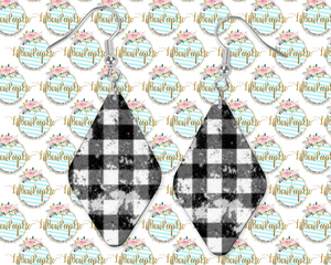 Hardboard Diamond Shape Earrings Buffalo Plaid White and Black