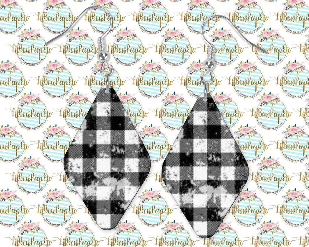 Hardboard Diamond Shape Earrings Buffalo Plaid White and Black