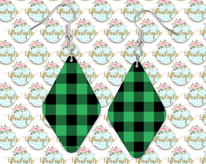 Hardboard Diamond Shape Earrings Green Buffalo Plaid