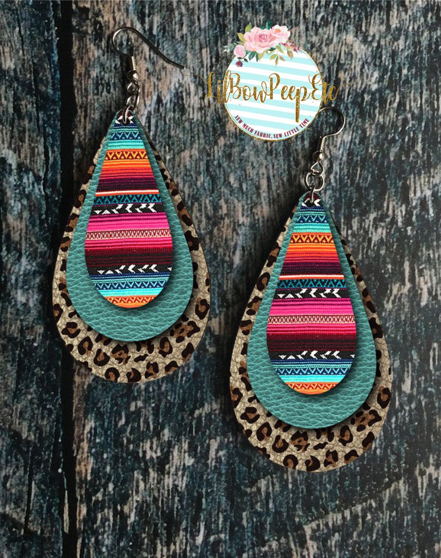 Hardboard earrings layered Serape Leopard Teal