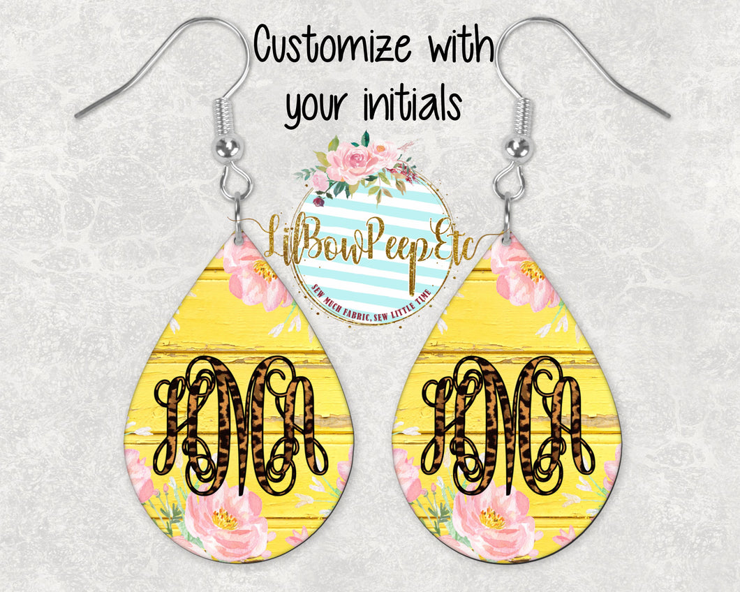 Hardboard Earrings Monogrammed Yellow Floral